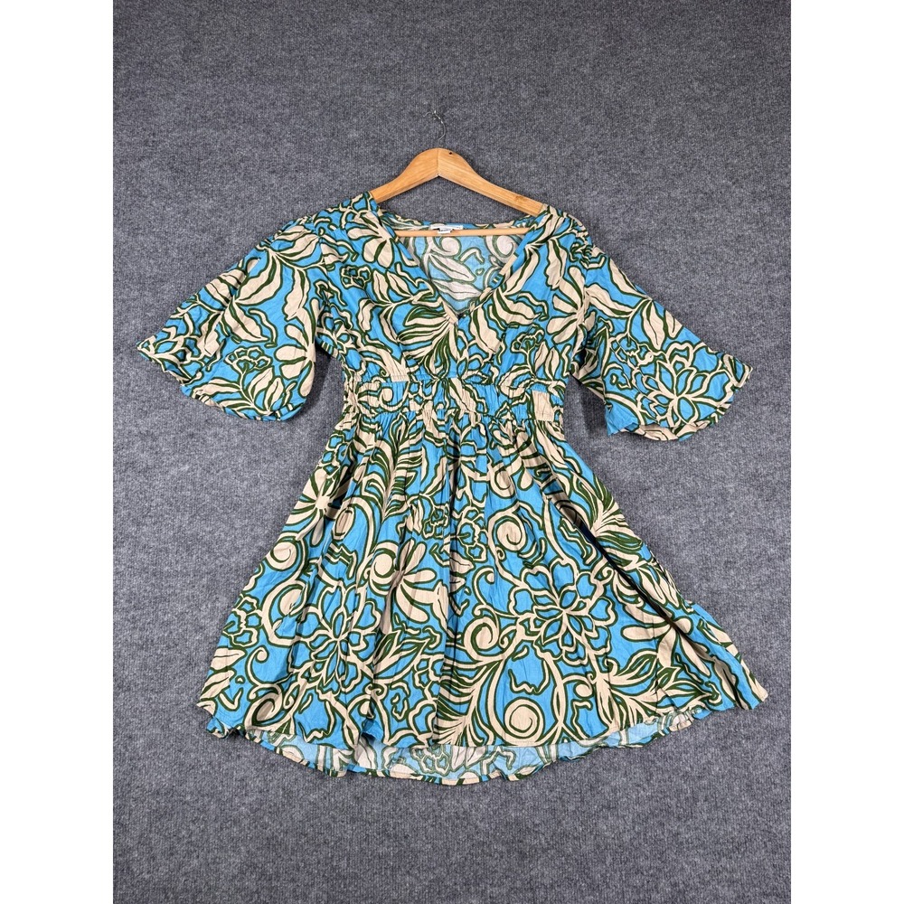 Sincerely Jules Mini Dress Womens Medium Blue Green Floral Cotton Boho Cottage
